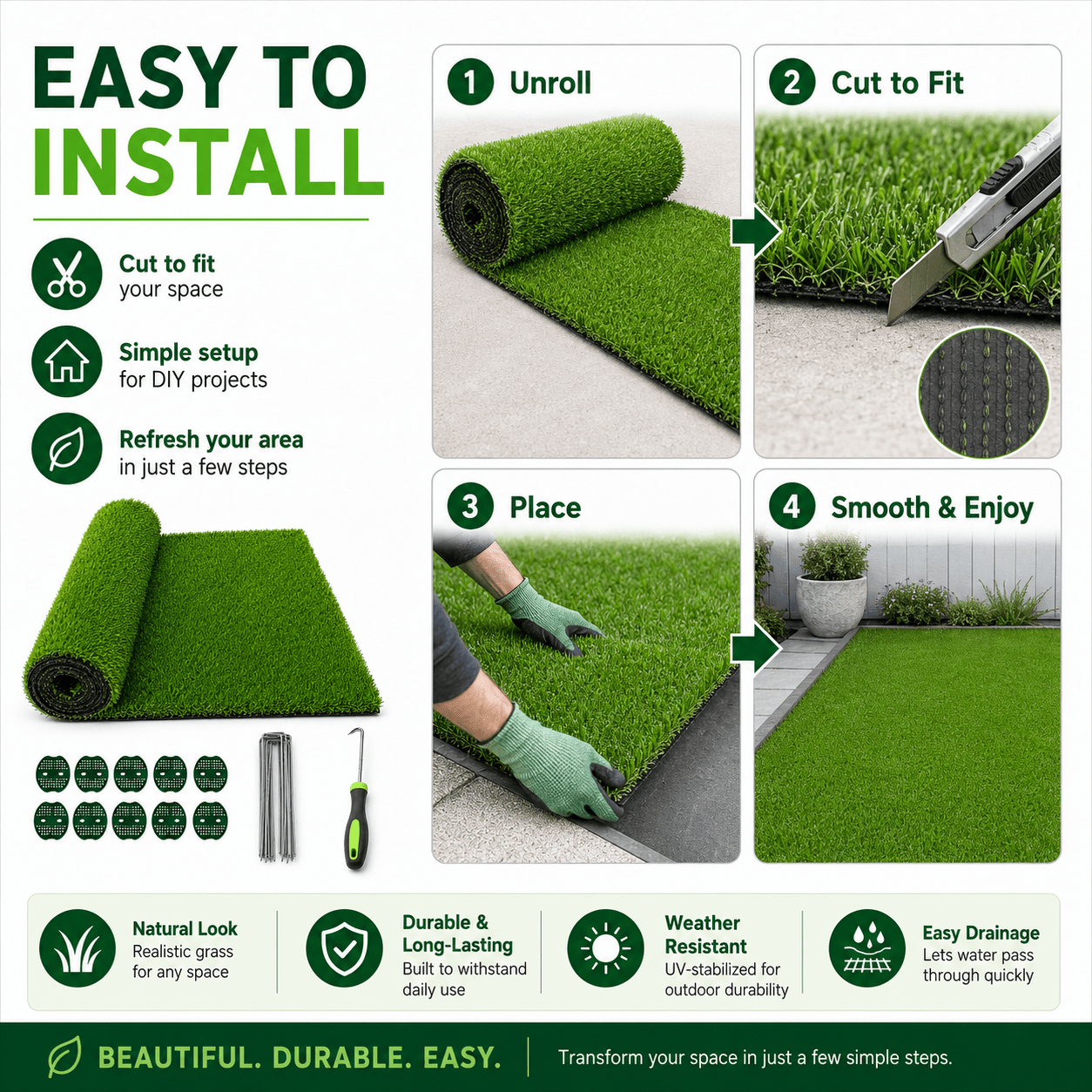 Artificial Grass roll 0.7in-Height 2colors 3ft-width