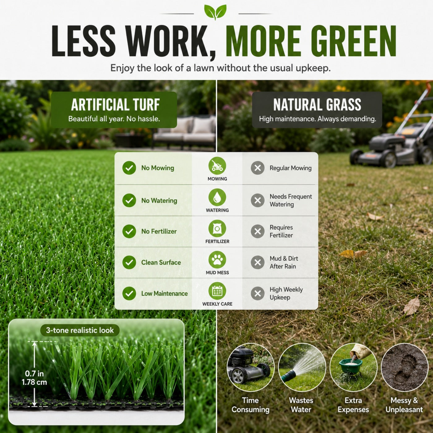 Artificial Grass roll 0.7in-Height 2colors 3ft-width