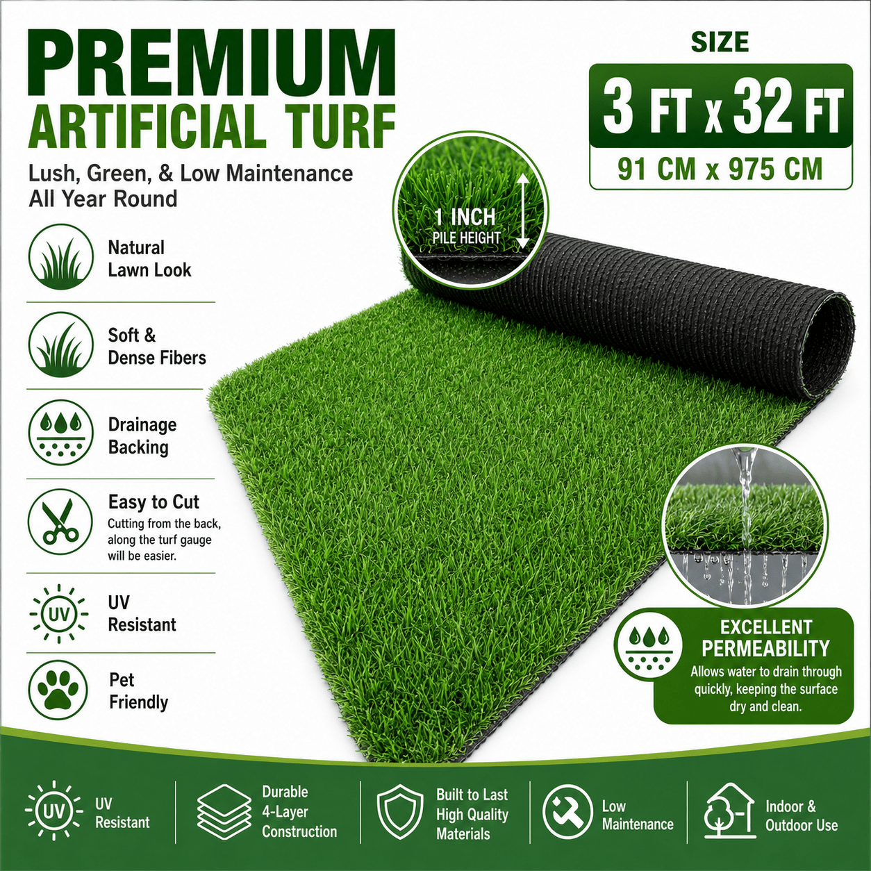 Artificial Grass roll 0.7in-Height 2colors 3ft-width