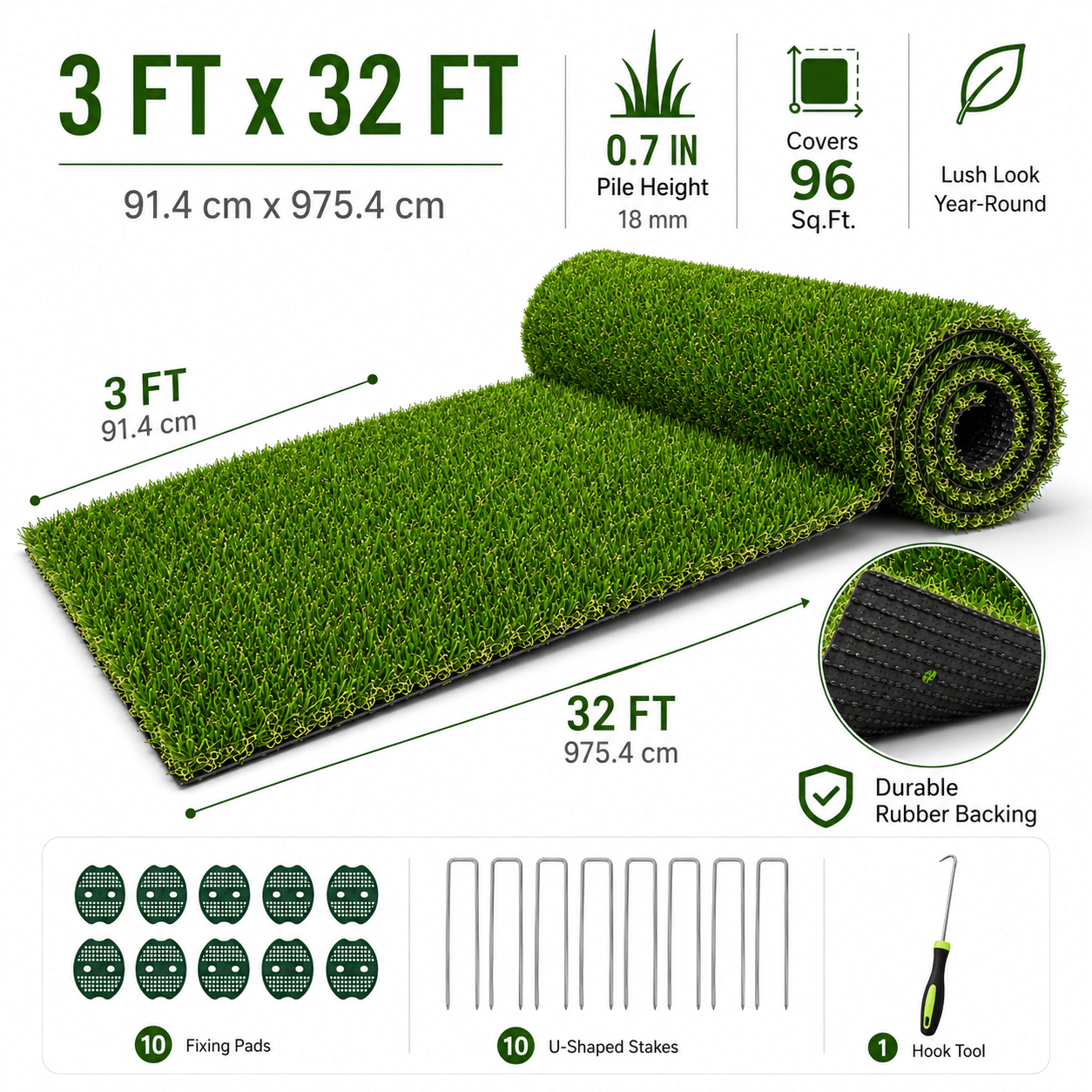 Artificial Grass roll 0.7in-Height 4colors 3ft-width