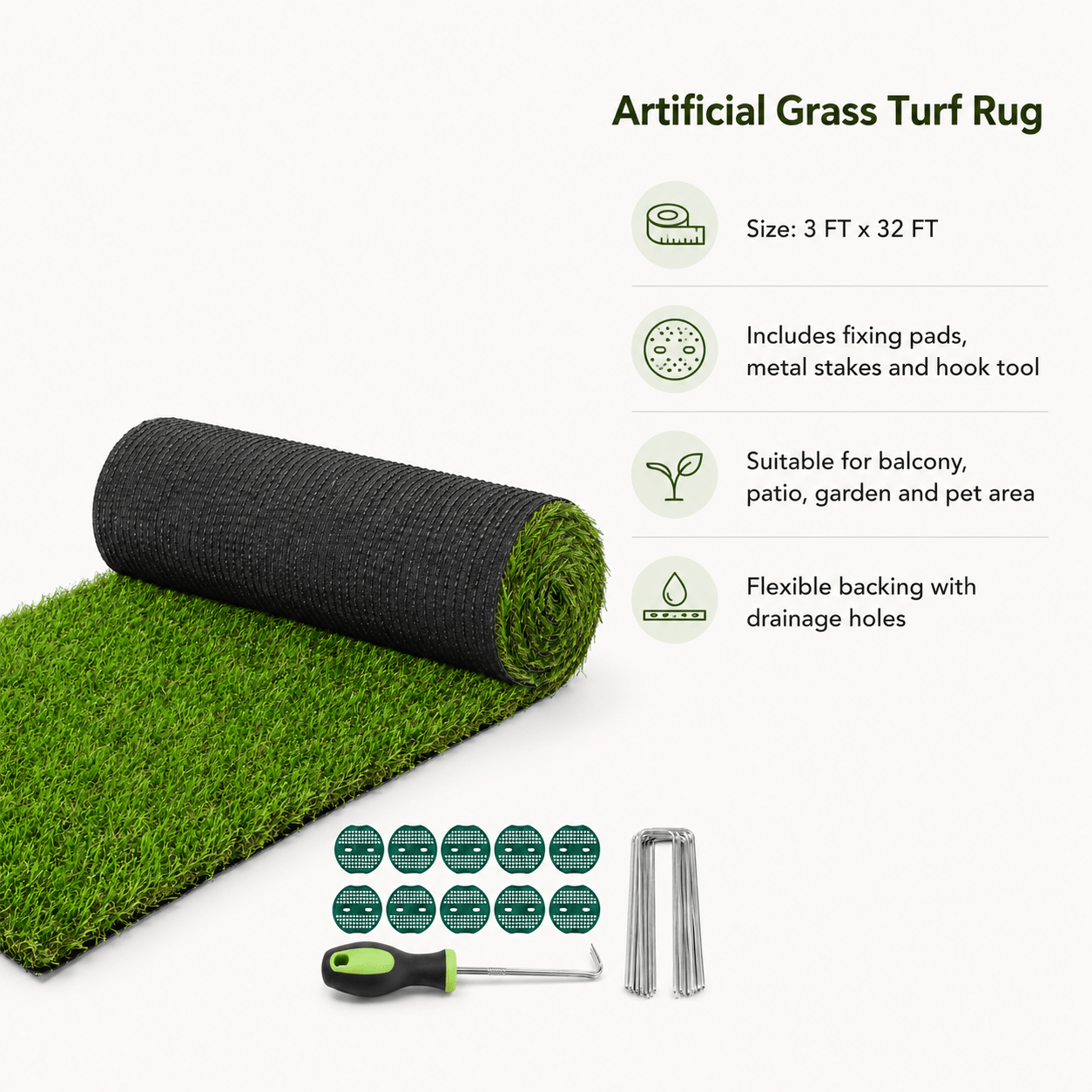 Artificial Grass roll 0.7in-Height 4colors 3ft-width