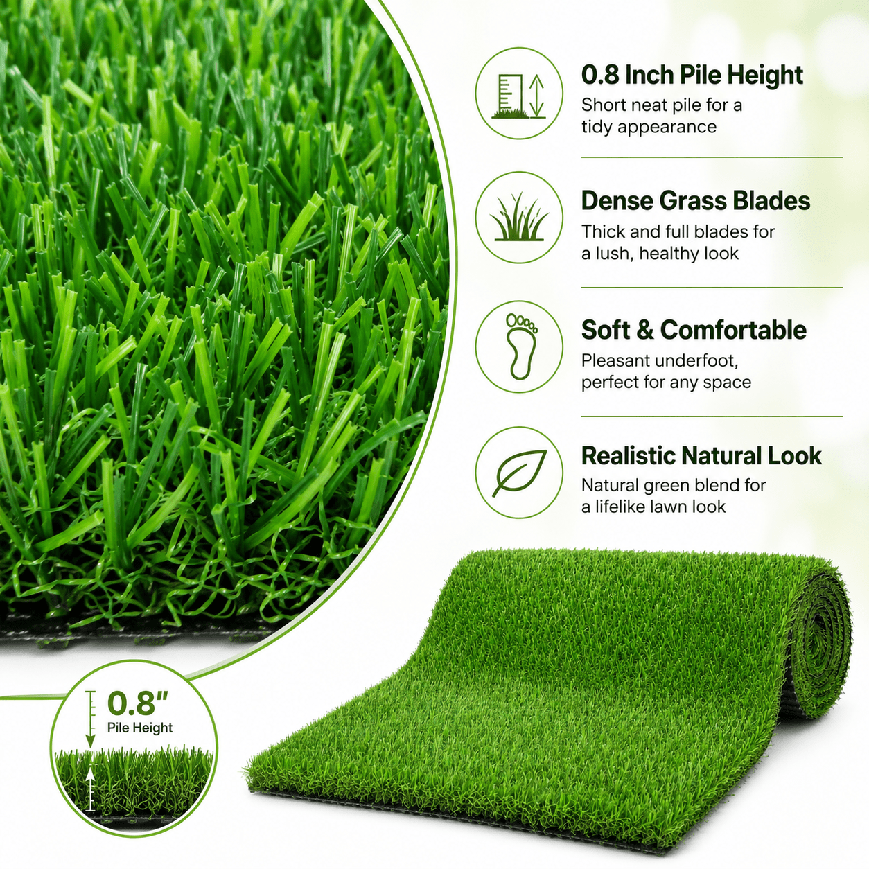 Artificial Grass roll 0.7in-Height 2colors 6ft-width