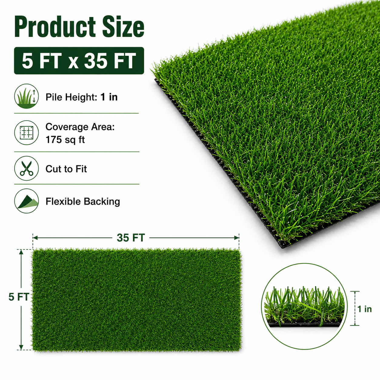 Artificial Grass  roll 0.7in-Height 2colors 5ft-width